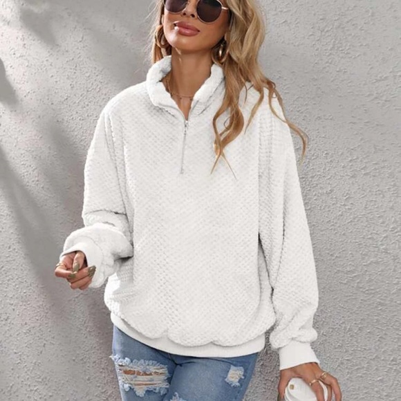 Tops - Waffle knit cozy teddy fuzzy half placket zip sweatshirt hoodie white